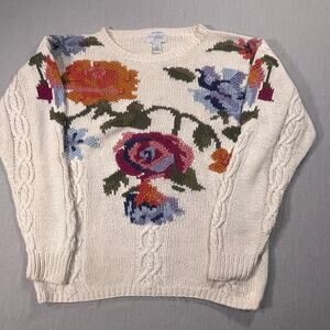 VTG Van Heusen Hand Knit Floral Sweater M Cream Cable Knit Cottagecore Pullover
